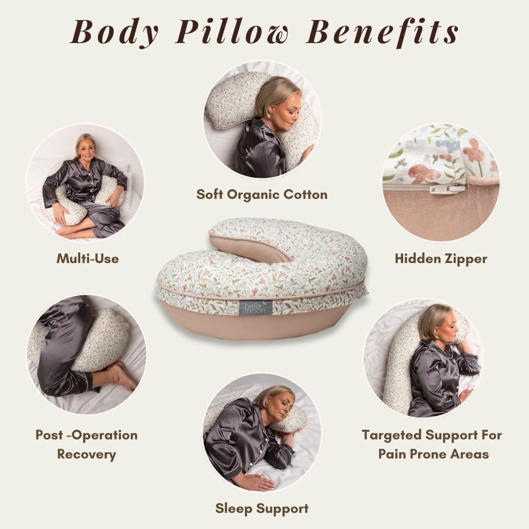 BellaMoon 55inch side sleeping pose demonstrates ergonomic support for expectant moms.