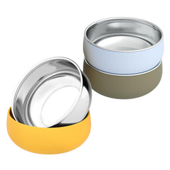 Bella's Friends 3-pack bowls in blue, yellow, green front view promote engaging, mess-minimizing meals