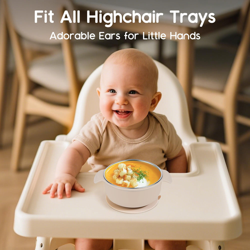 Bella's Friends bowls in use on a high chair reduce spills and chaos at mealtime.