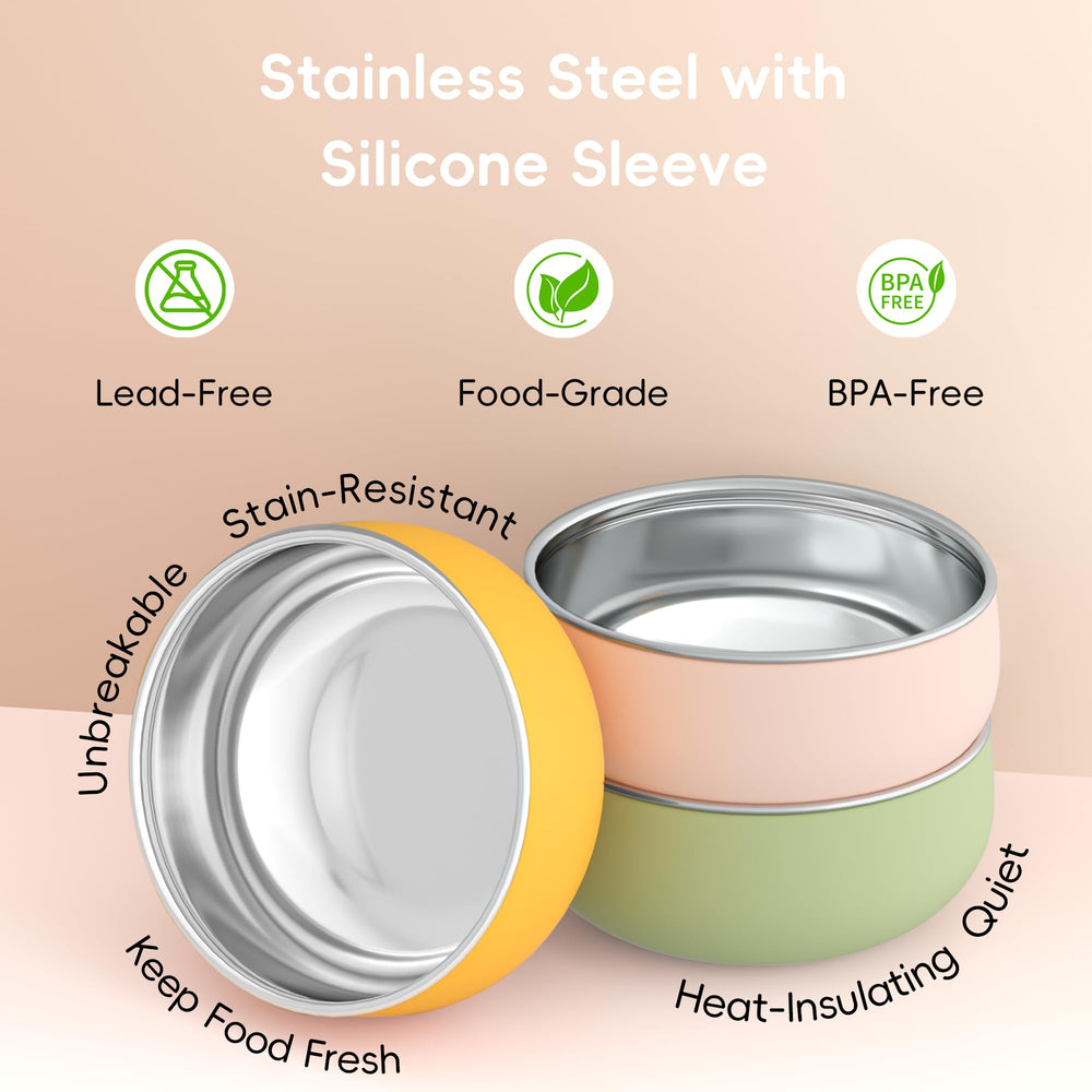 Bella's Friends stainless steel bowl with non-slip silicone exterior to prevent slips during meals