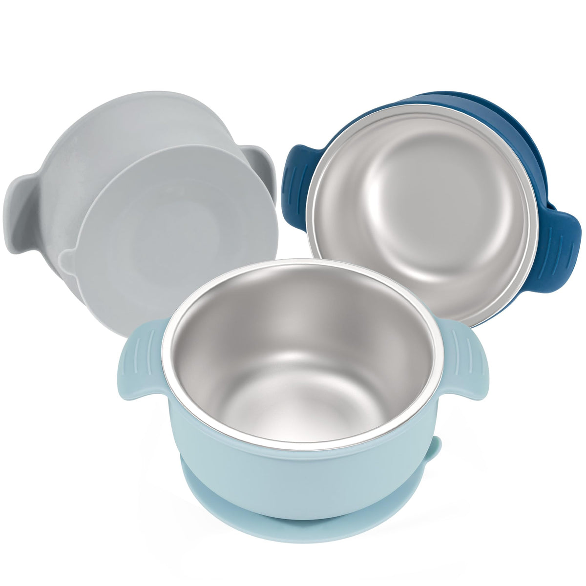 Bella's Friends baby bowls with suction base in blue keep meals tidy during self-feeding.