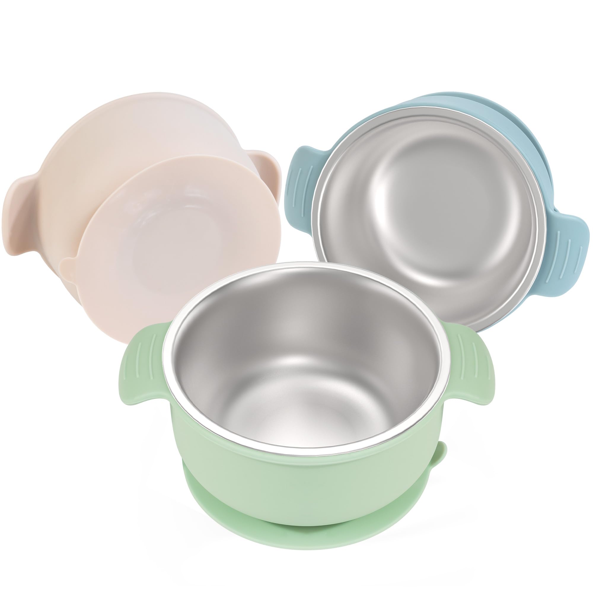Bella's Friends baby bowls with suction base stay in place during self-feeding.