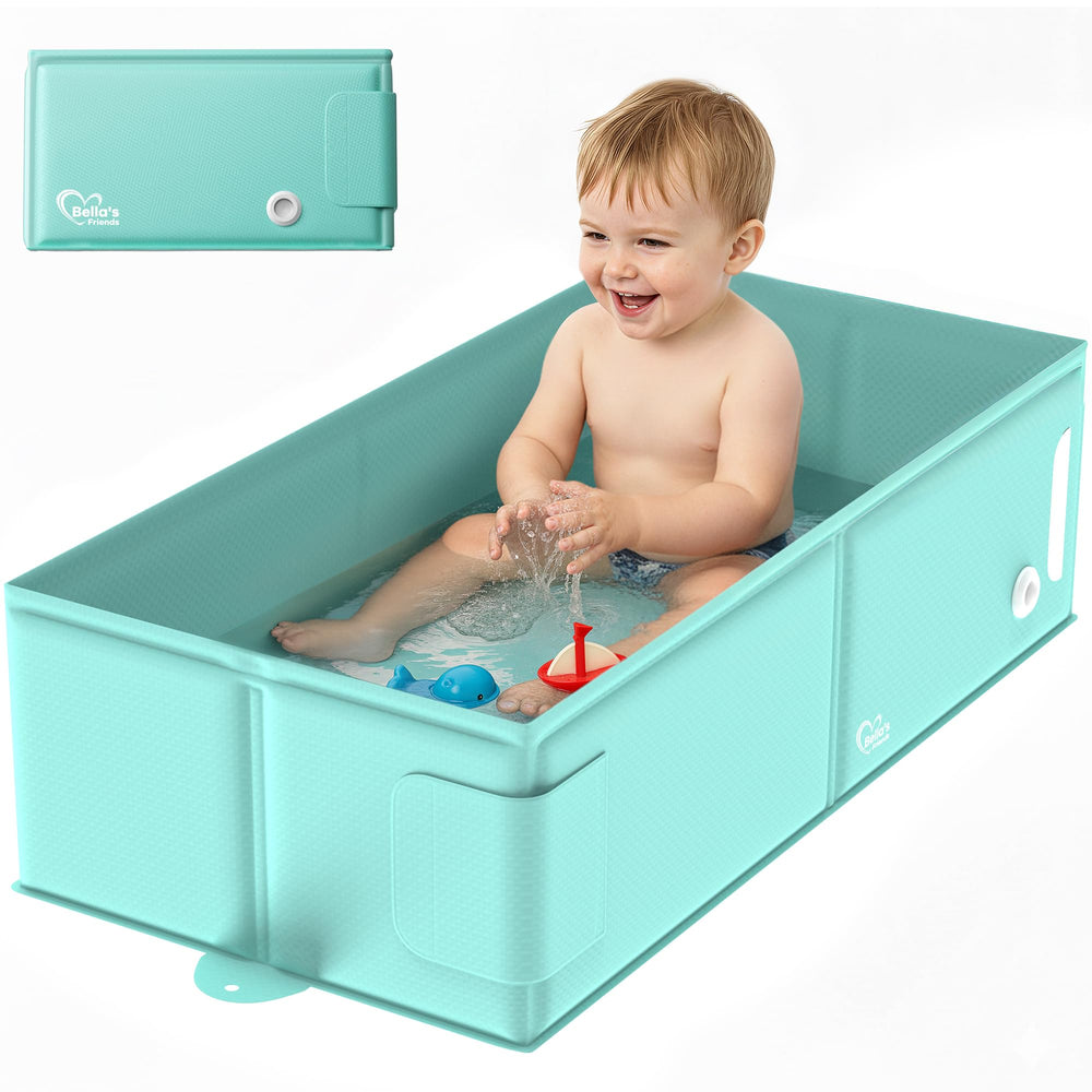Bella's Friends collapsible bathtub folded in a cabinet for space-saving storage