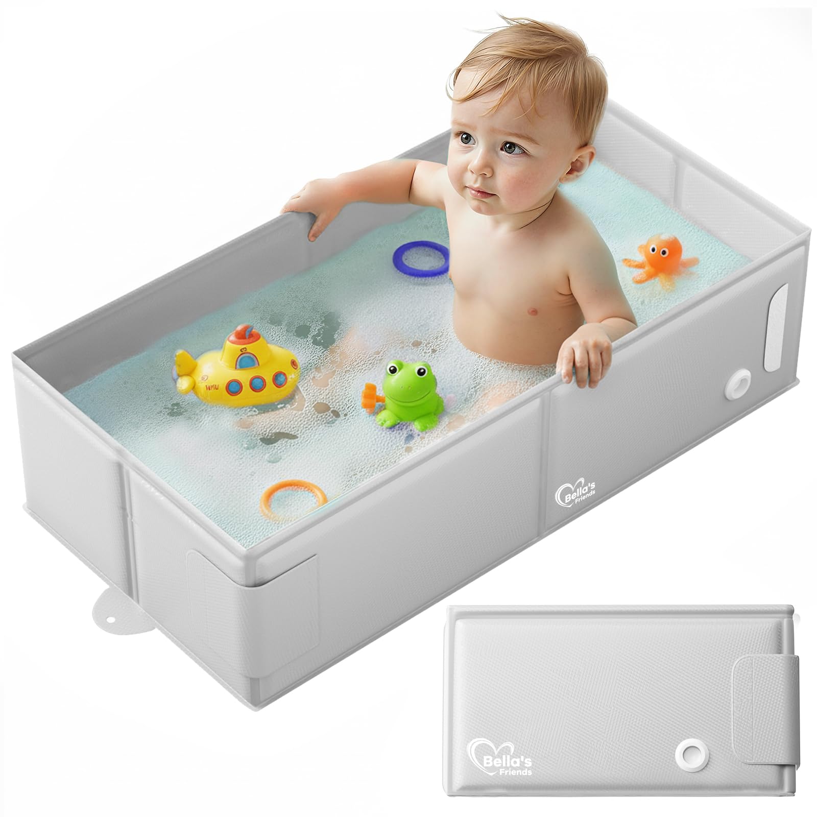 Bella's Friends collapsible bathtub folded for compact storage in a small bathroom.
