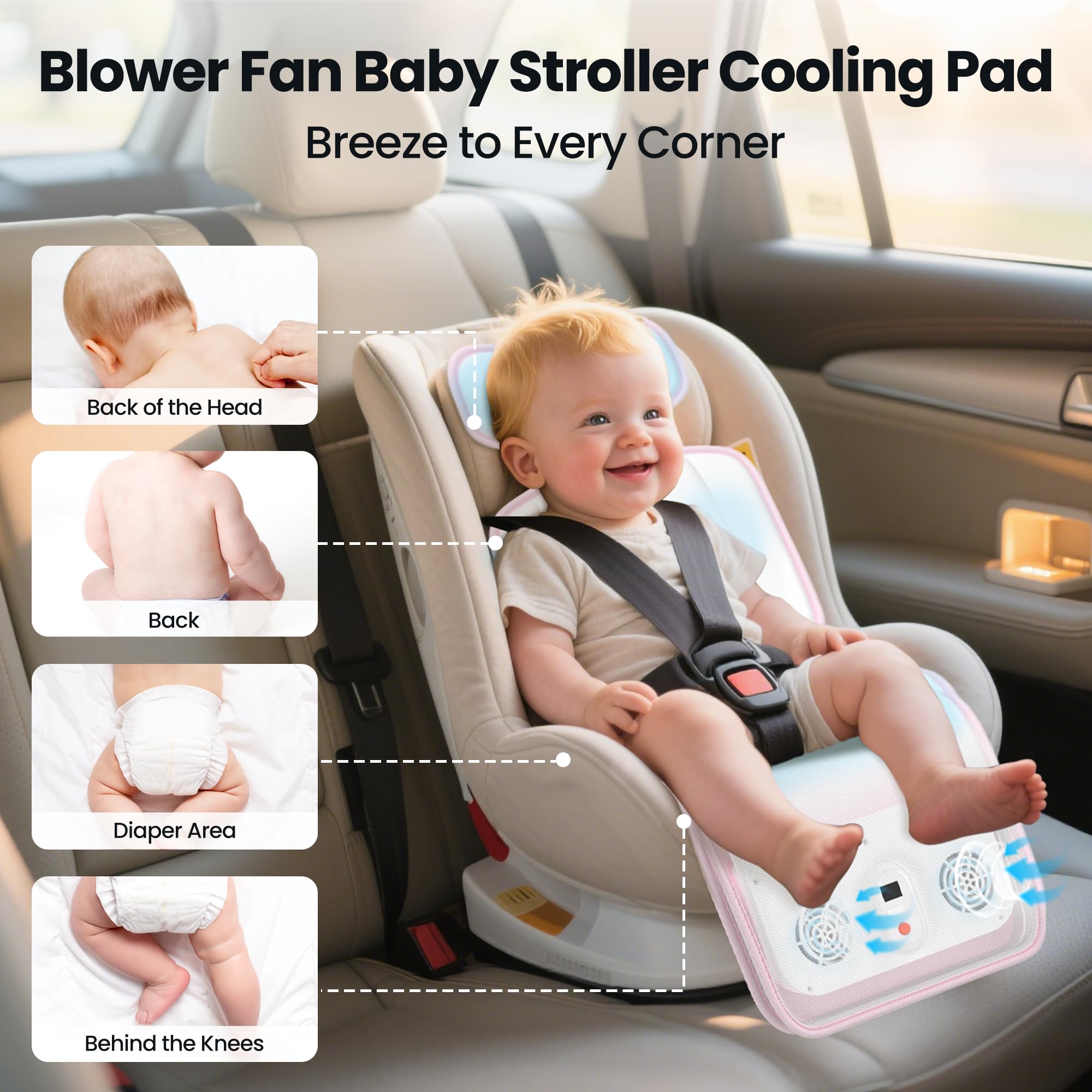 Bella's Friends baby stroller cooling pad side profile highlighting dual blowers for steady airflow.