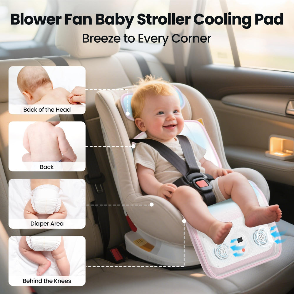 Bella's Friends baby stroller cooling pad side profile highlighting dual blowers for steady airflow.
