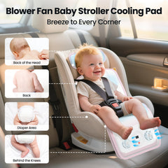 Bella's Friends baby stroller cooling pad side profile highlighting dual blowers for steady airflow.