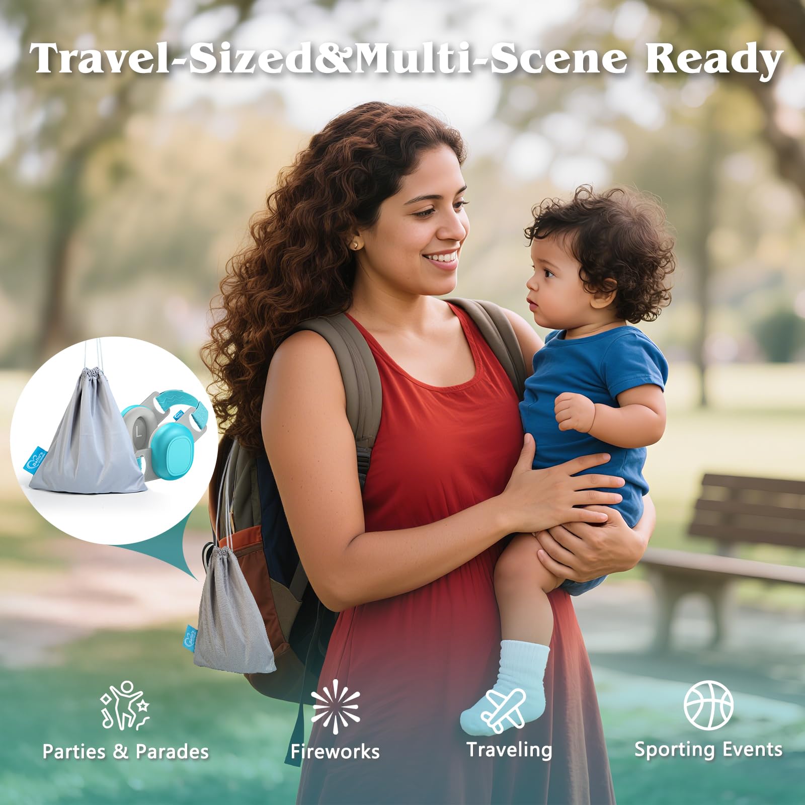 Bella's Friends blue baby ear protection is a travel-ready essential.