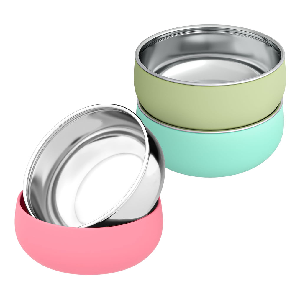 Bella's Friends bowls on table with silicone sleeve for mess-free feeding.