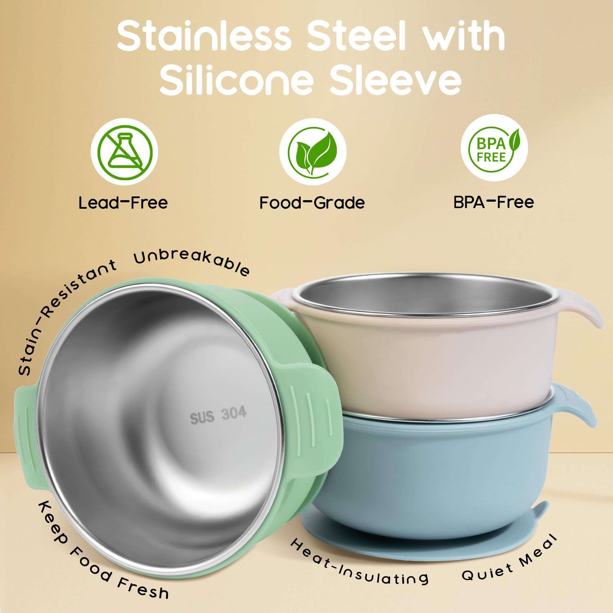 Bella's Friends 3-pack in beige, green, and blue supports color-friendly mealtimes.