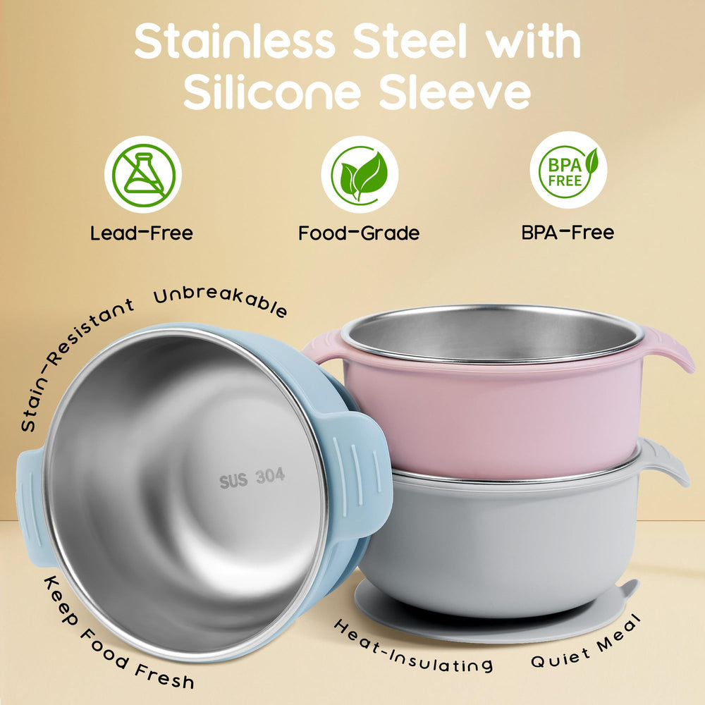 Bella's Friends bowls on a high chair demonstrate non-slip stability.