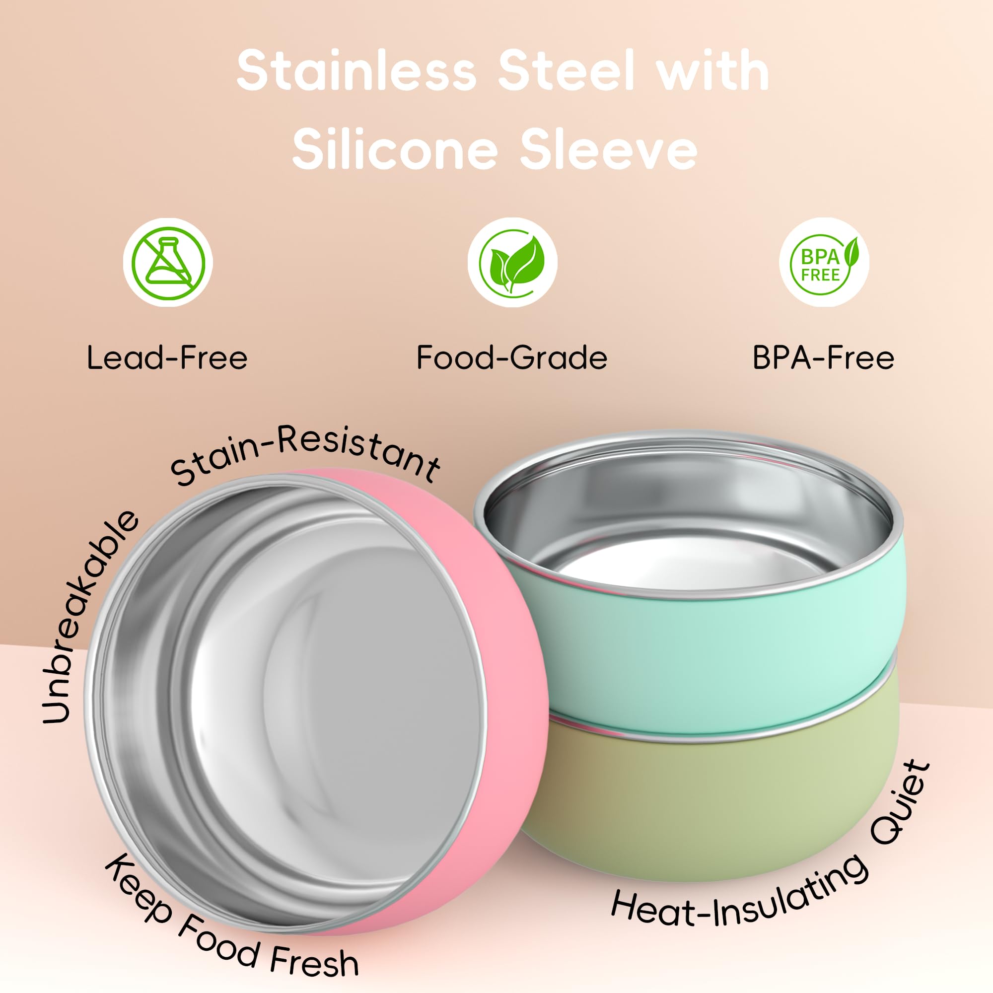 Durable stainless steel core of Bella's Friends bowls resists drops and wear.