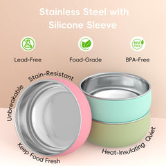 Durable stainless steel core of Bella's Friends bowls resists drops and wear.