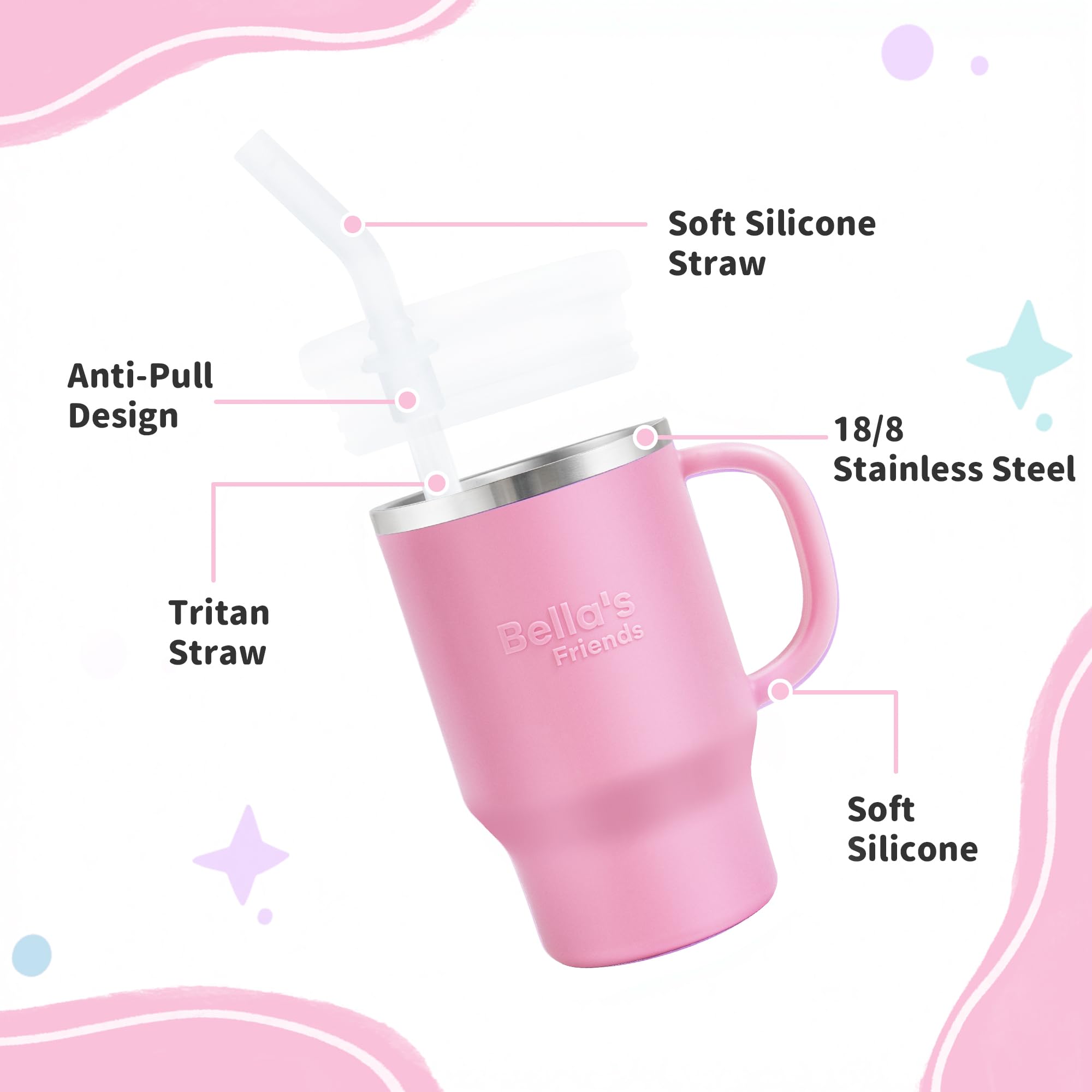 Bella's Friends Handy Mini Tumbler leak-proof straw ensures mess-free drinks during travel.