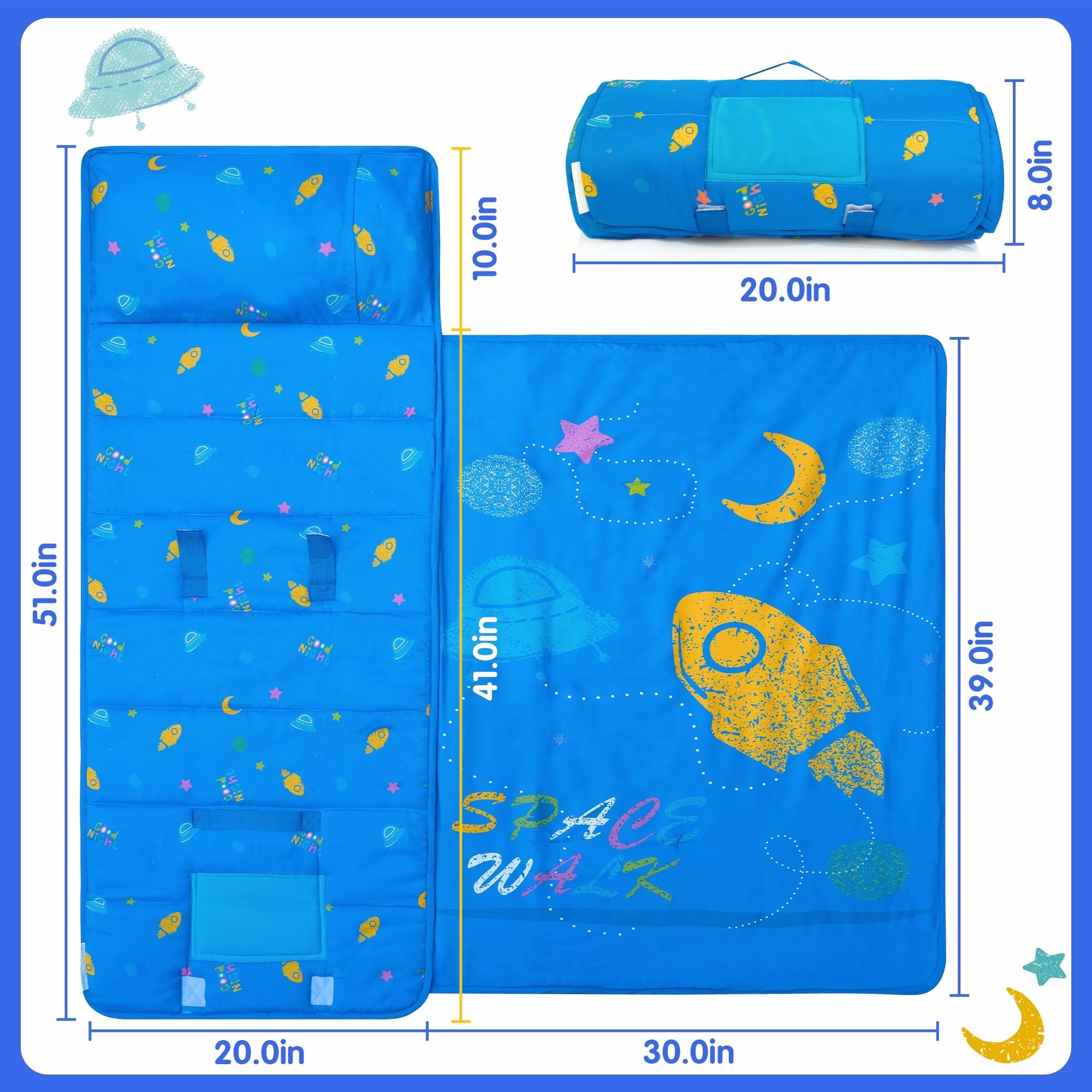 Bella's Friends nap mat image emphasizes the comfort-grip carry handle for portability.