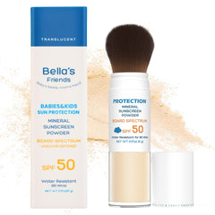 Bella's Friends SPF 50 brush-on sunscreen bottle demonstrates mineral protection for daily sun care.