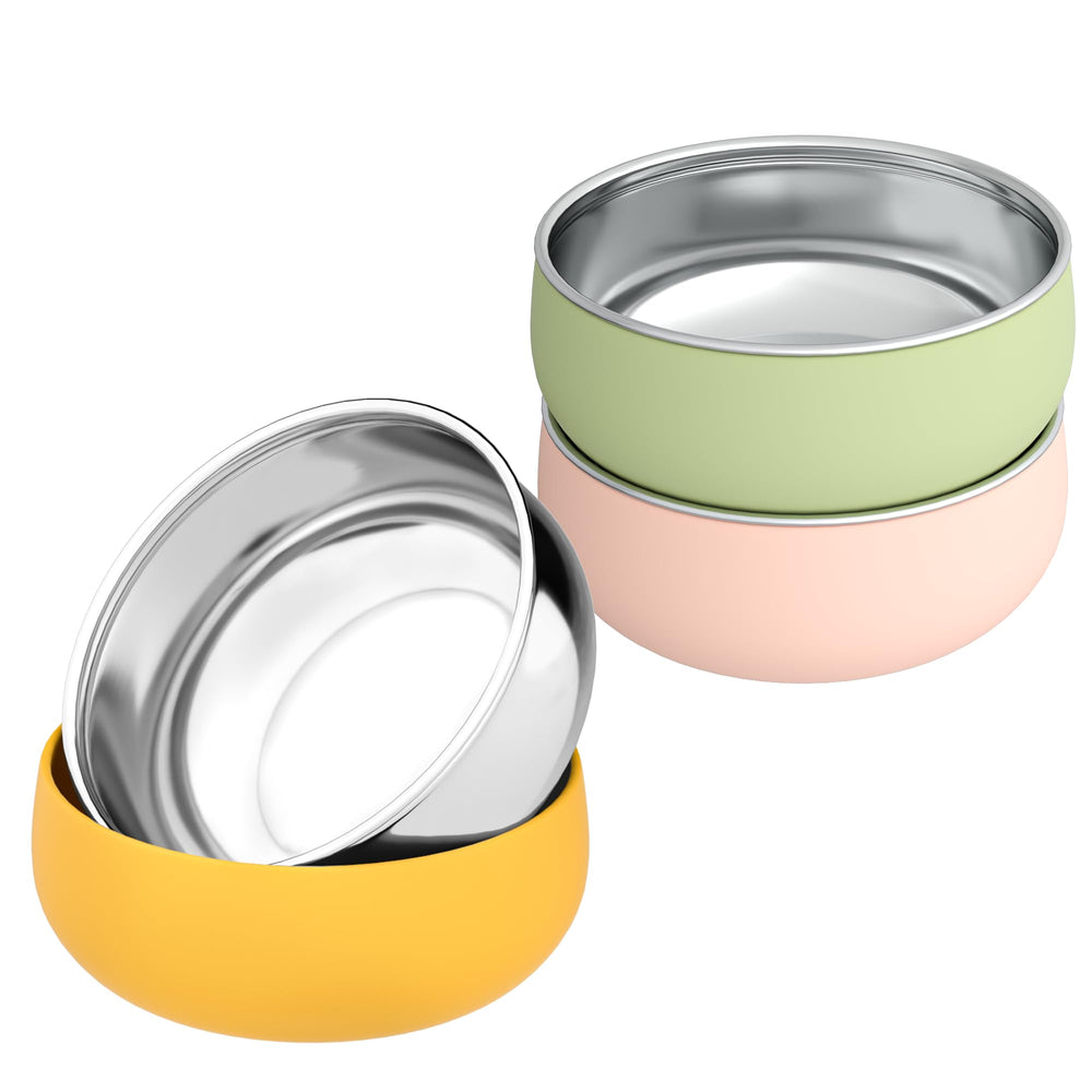 Bella's Friends stainless steel bowls on table; durable 3-pack for family meals.
