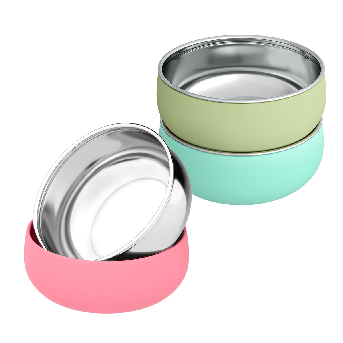 Bella's Friends stainless steel bowls outside view durable design for busy mealtimes.