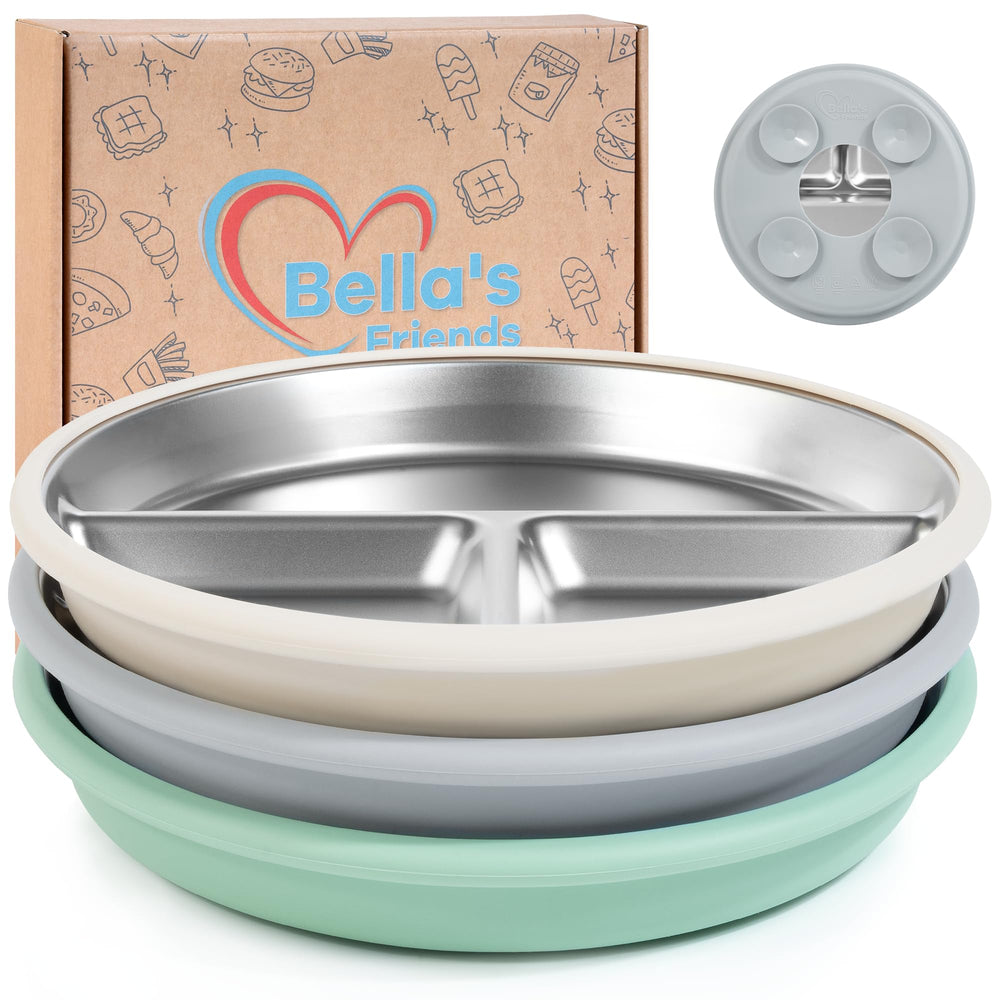Bella's Friends beige suction plate close-up demonstrates spill-free self-feeding.