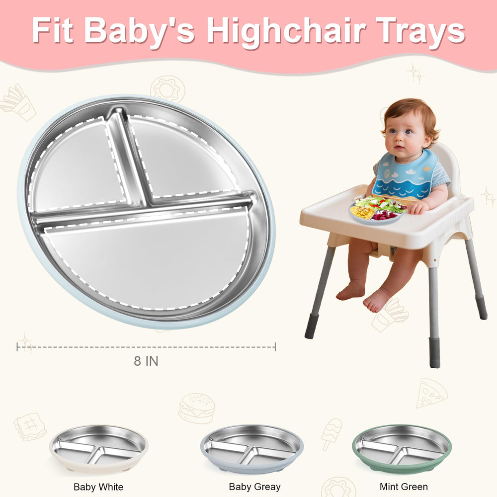 Bella's Friends gray suction plate close-up supports mess-free meals.