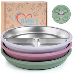 Bella's Friends stainless steel kids plate on a high chair tray showing spill-reducing design