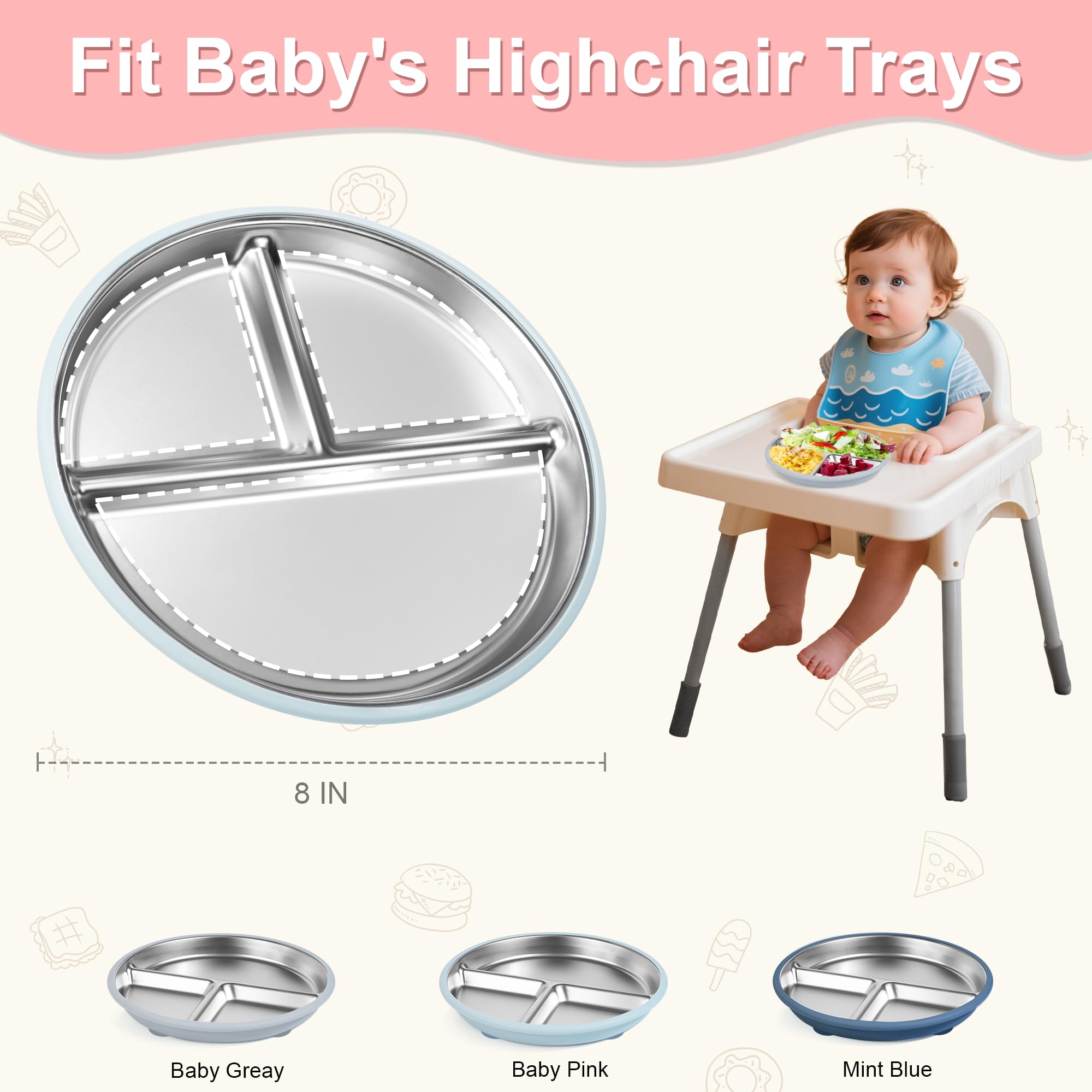 Bella's Friends 8-inch stainless steel suction plate in blue prevents spills during toddler meals.
