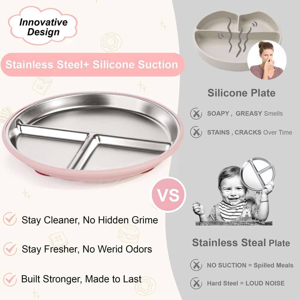 Bella's Friends 8-inch stainless steel suction plate in dark blue with divided sections for balanced bites.