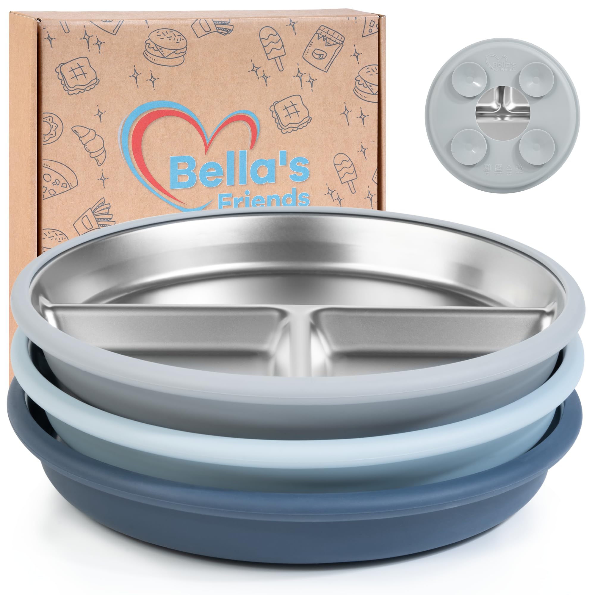 Bella's Friends 8-inch stainless steel suction plate in grey keeps meals neatly contained on a high chair.