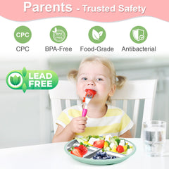 Bella's Friends 8-inch suction plate on table demonstrates dishwasher safe cleanup.