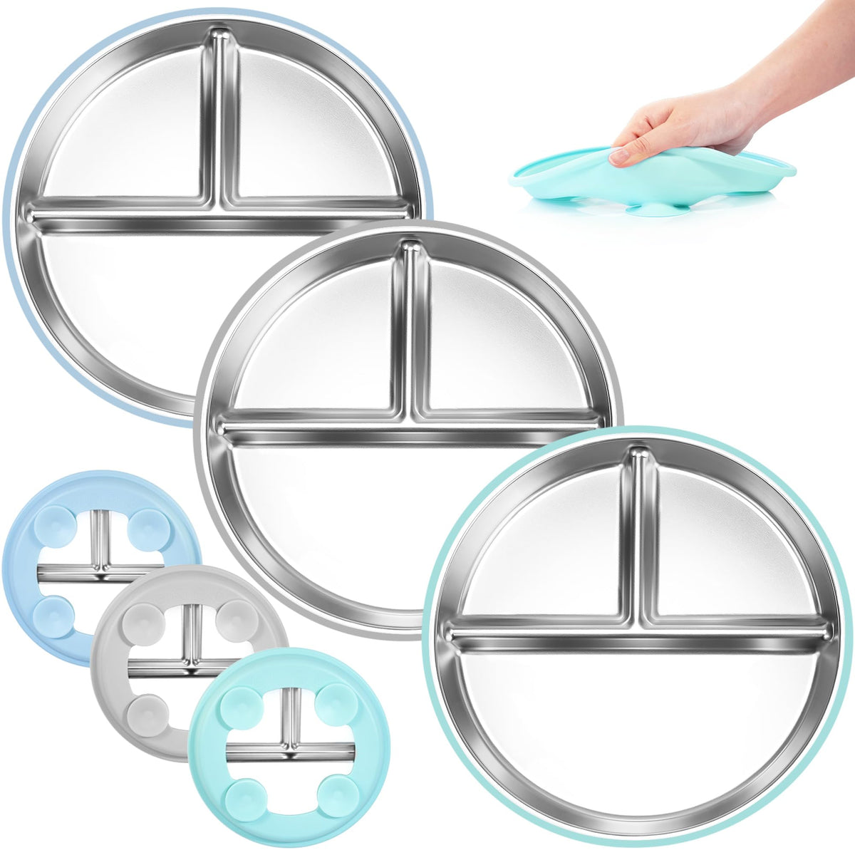 Bella's Friends stainless steel toddler plate blue with strong suction for mess-free meals.