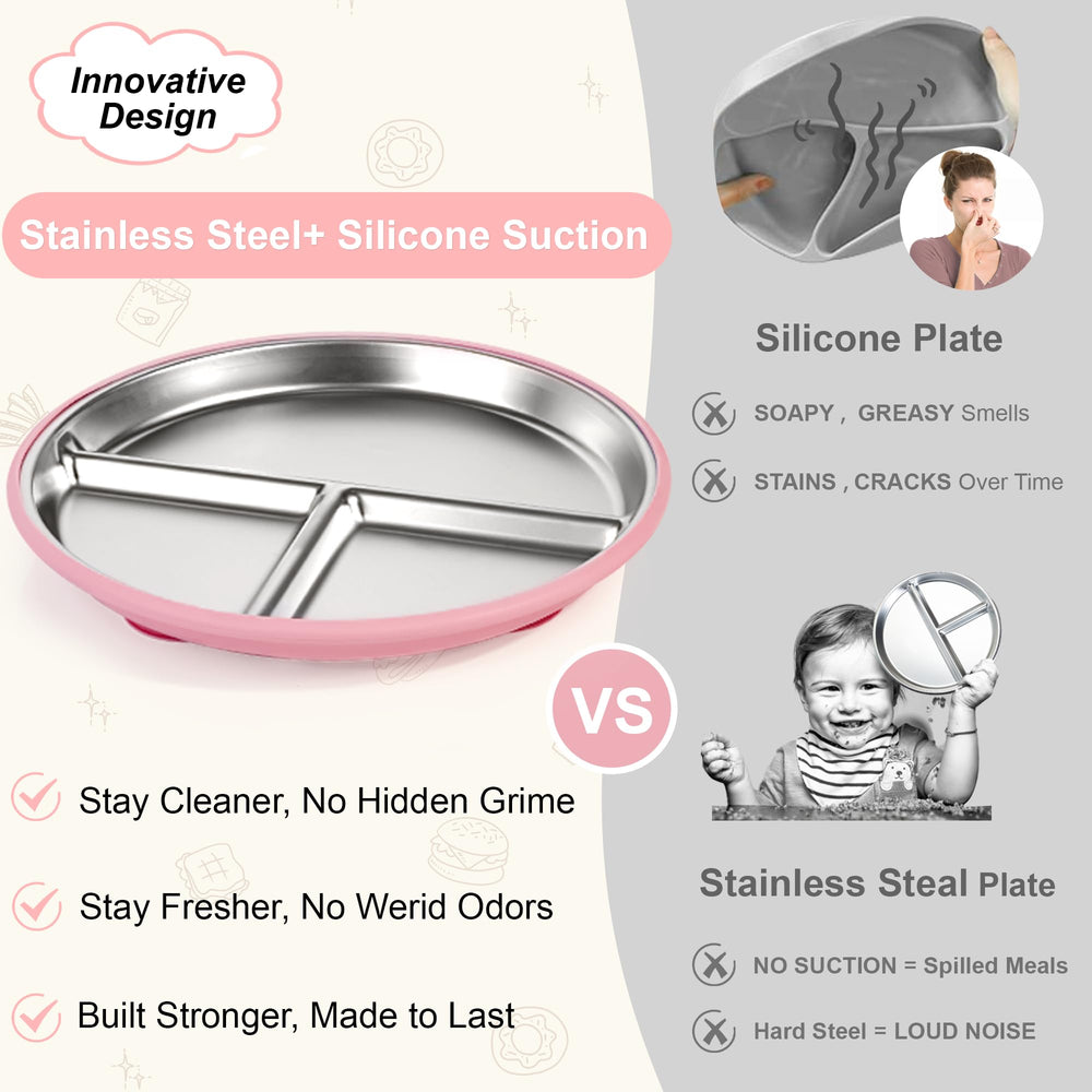 Bella's Friends stainless steel toddler plate mint color with stable suction for independent eating.