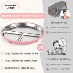 Bella's Friends stainless steel toddler plate mint color with stable suction for independent eating.