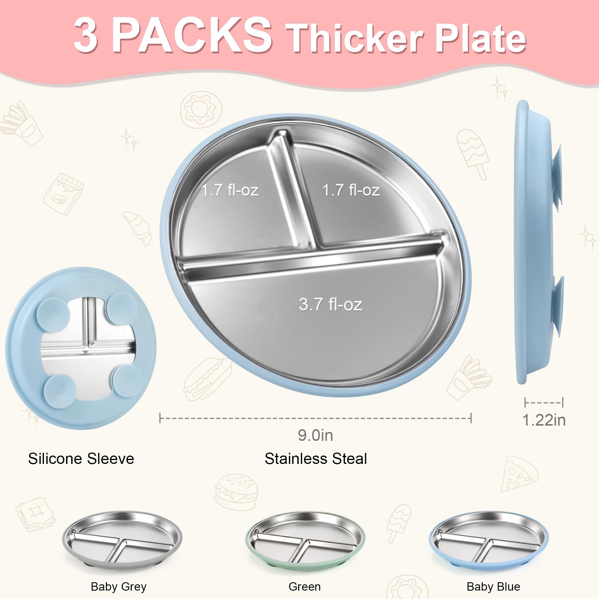 Bella's Friends three-pack stainless toddler plates shown for coordinated table setup.