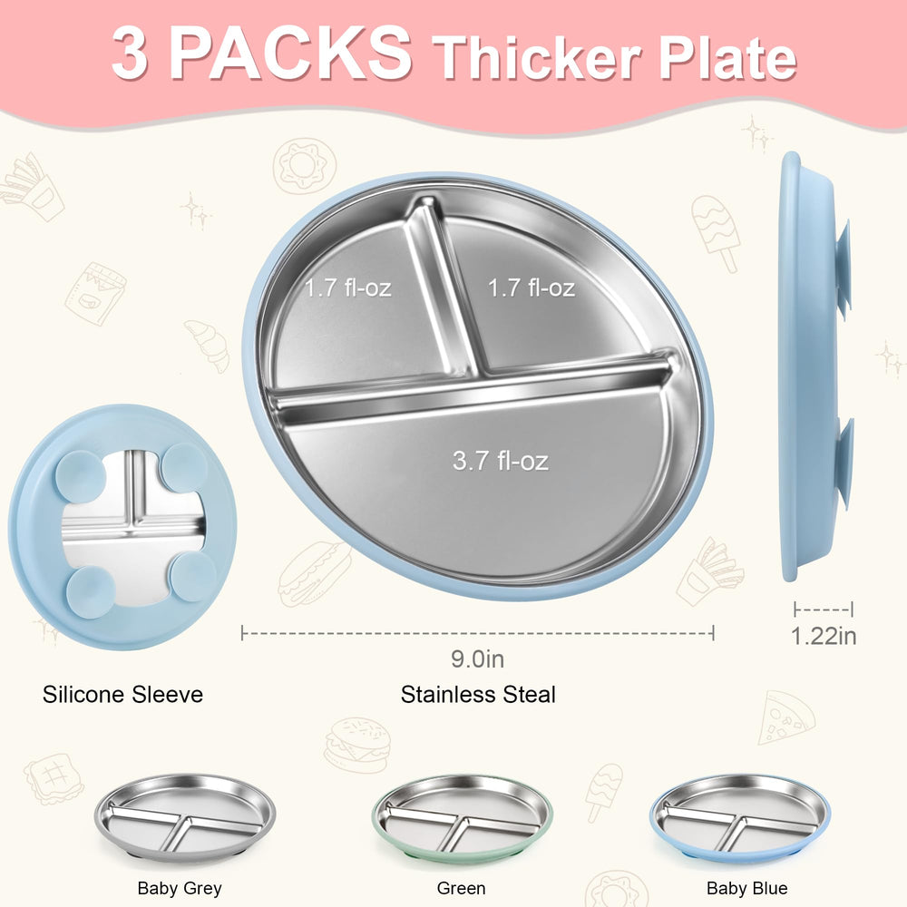 Bella's Friends three-pack stainless toddler plates shown for coordinated table setup.
