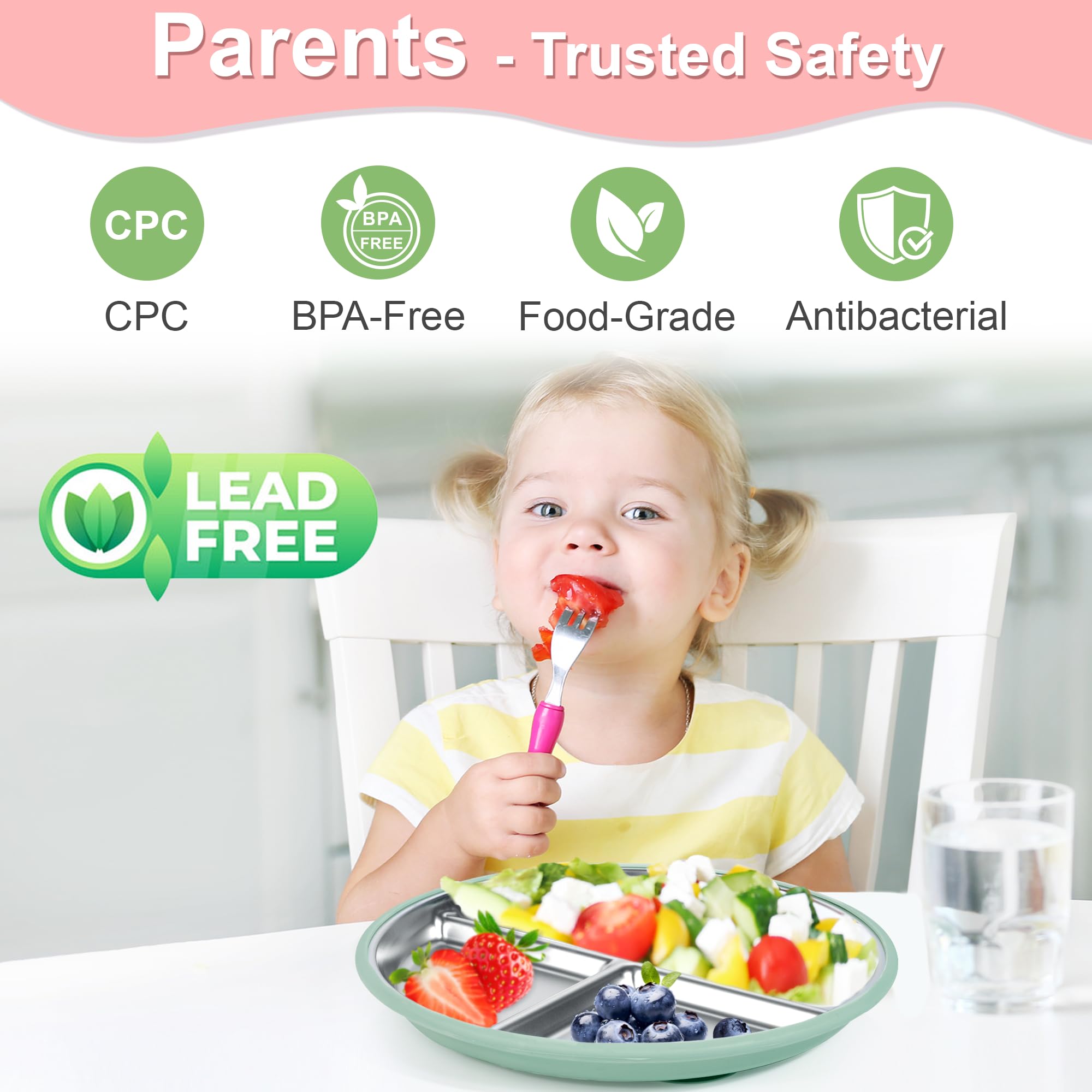 Bella's Friends toddler plate suction closeup shows stability on a tray.
