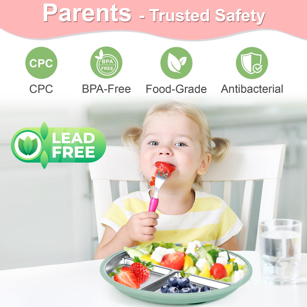Bella's Friends toddler plate suction closeup shows stability on a tray.