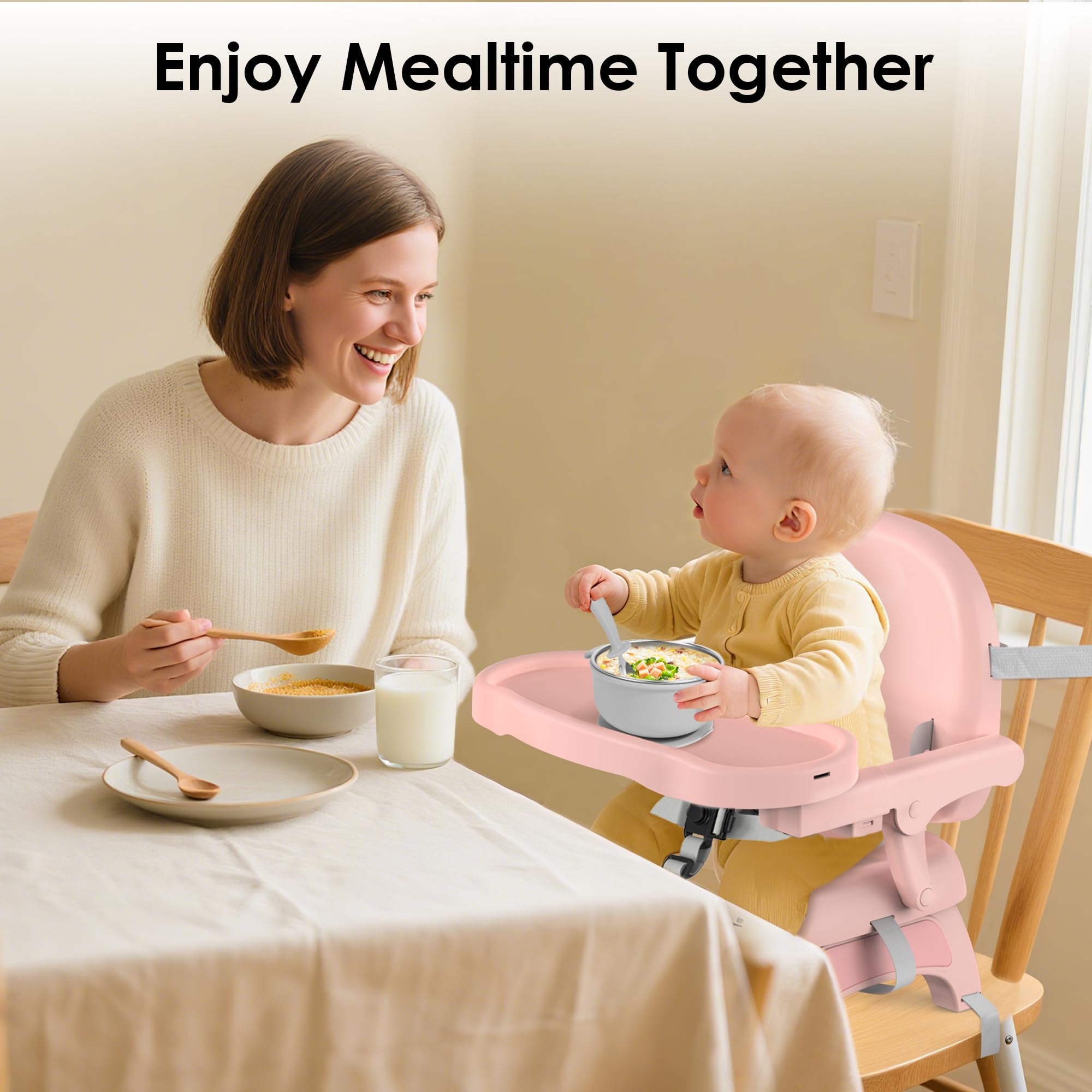 Bella's Friends wide-based seat with adjustable three-point harness for safety.