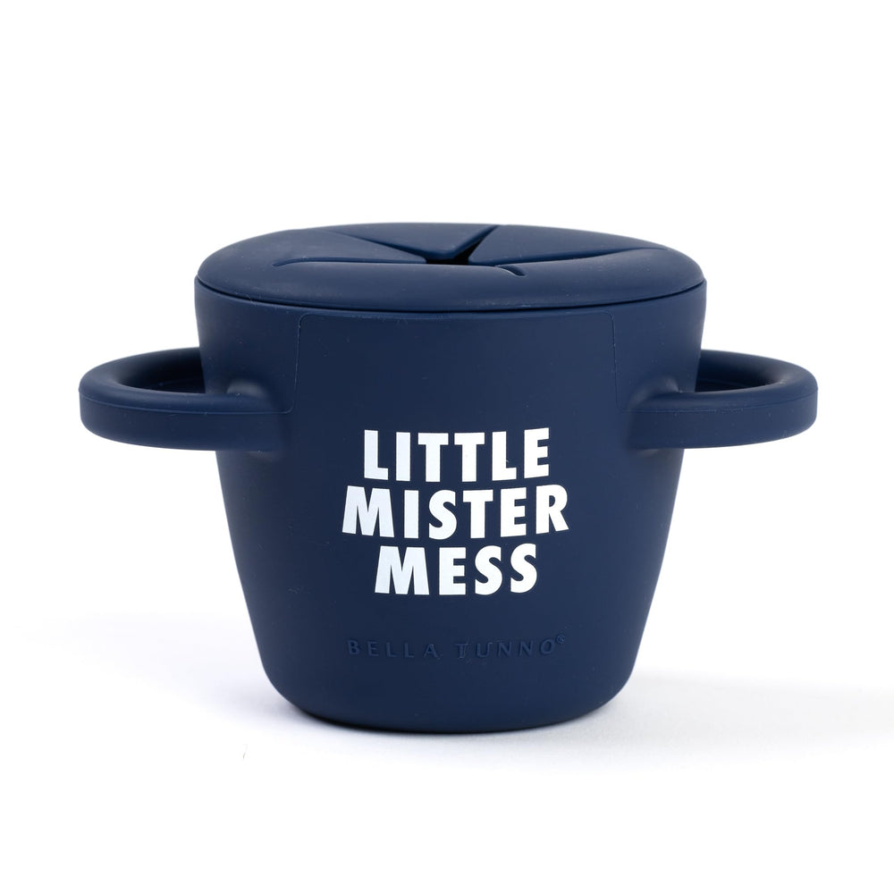 Bella Tunno Little Mister Mess snack cup for toddlers, compact design supports on-the-go snacking.