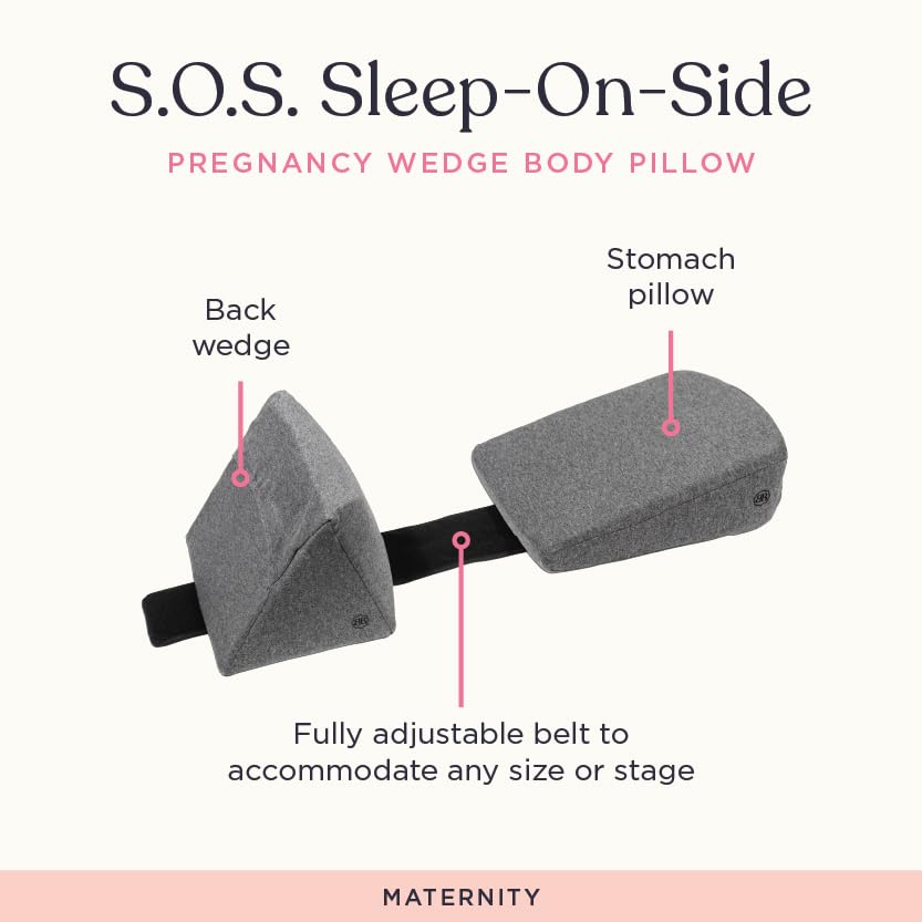Belly Bandit SOS grey pillow on bed demonstrating back and belly support for restful nights.