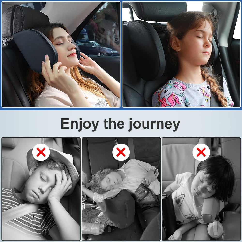Belmeri car headrest pillow in-use back seat helps kids nap comfortably.