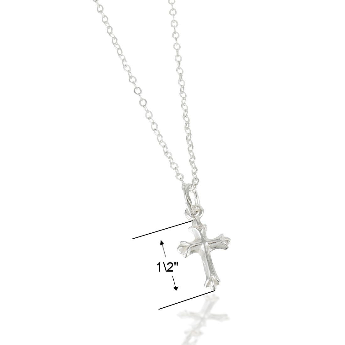 Beloved Child Goods cross necklace closeup—showcasing craftsmanship and silver shine.