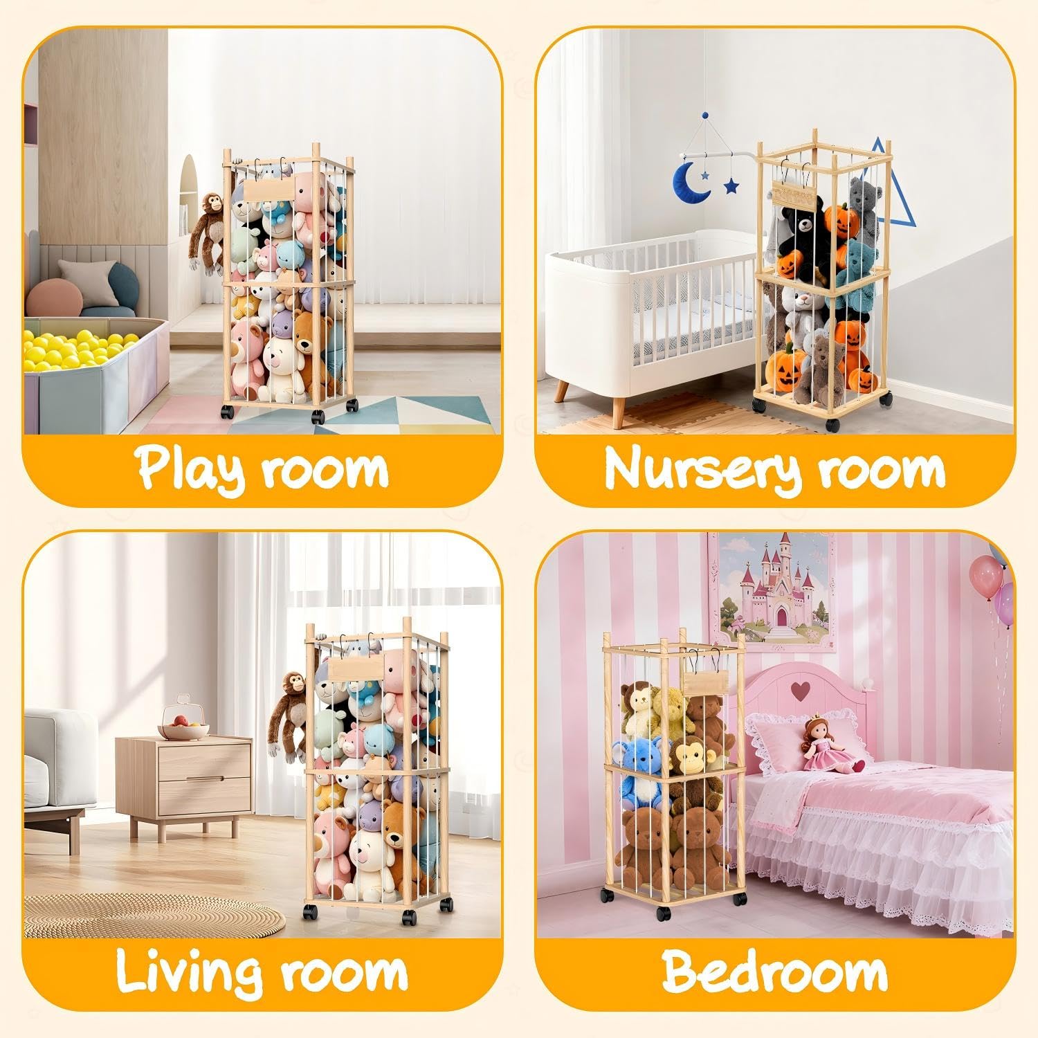 Belveora stuffed animal storage assembly instruction view indicates tool-free setup.