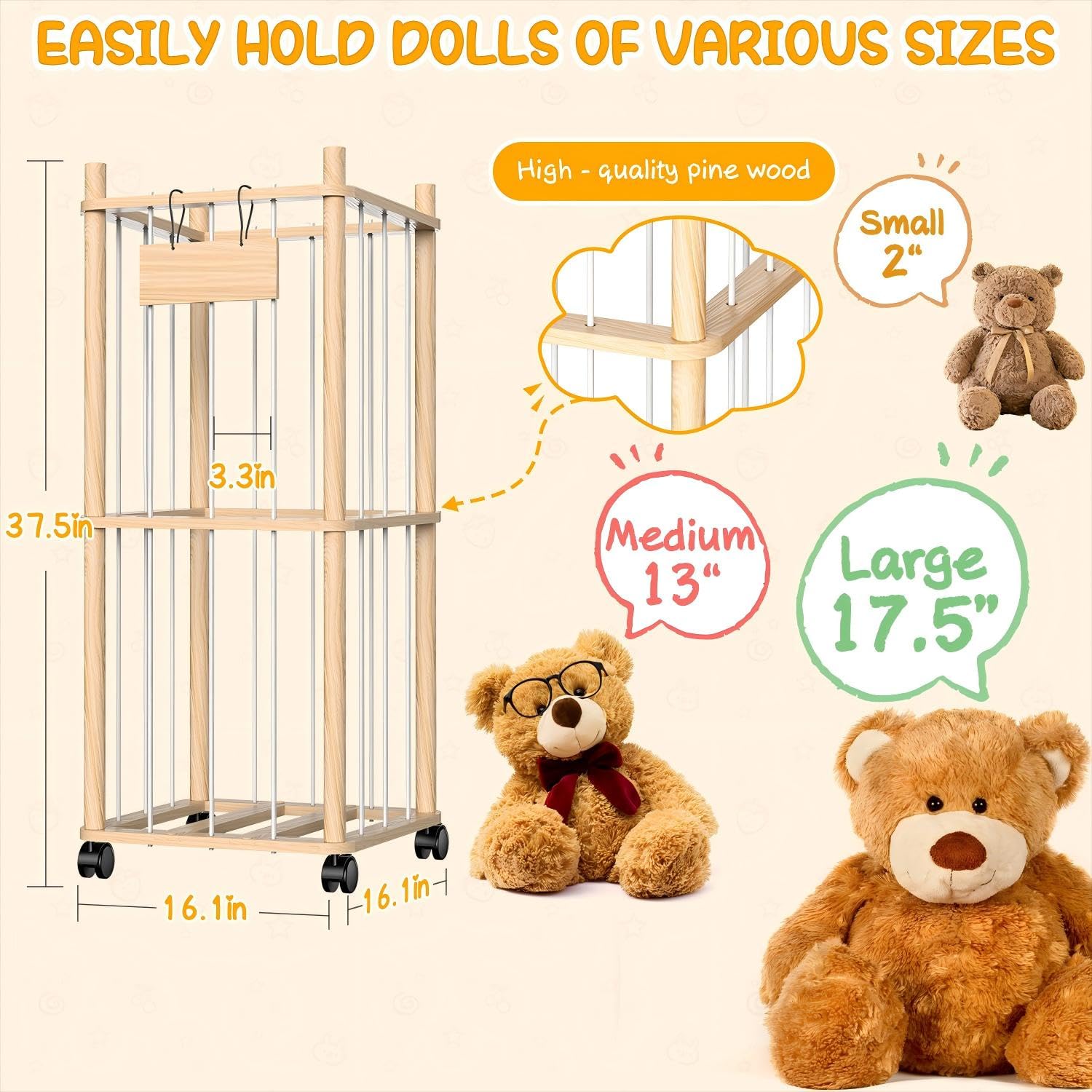 Belveora stuffed animal storage side view reveals slim footprint for tidy rooms.