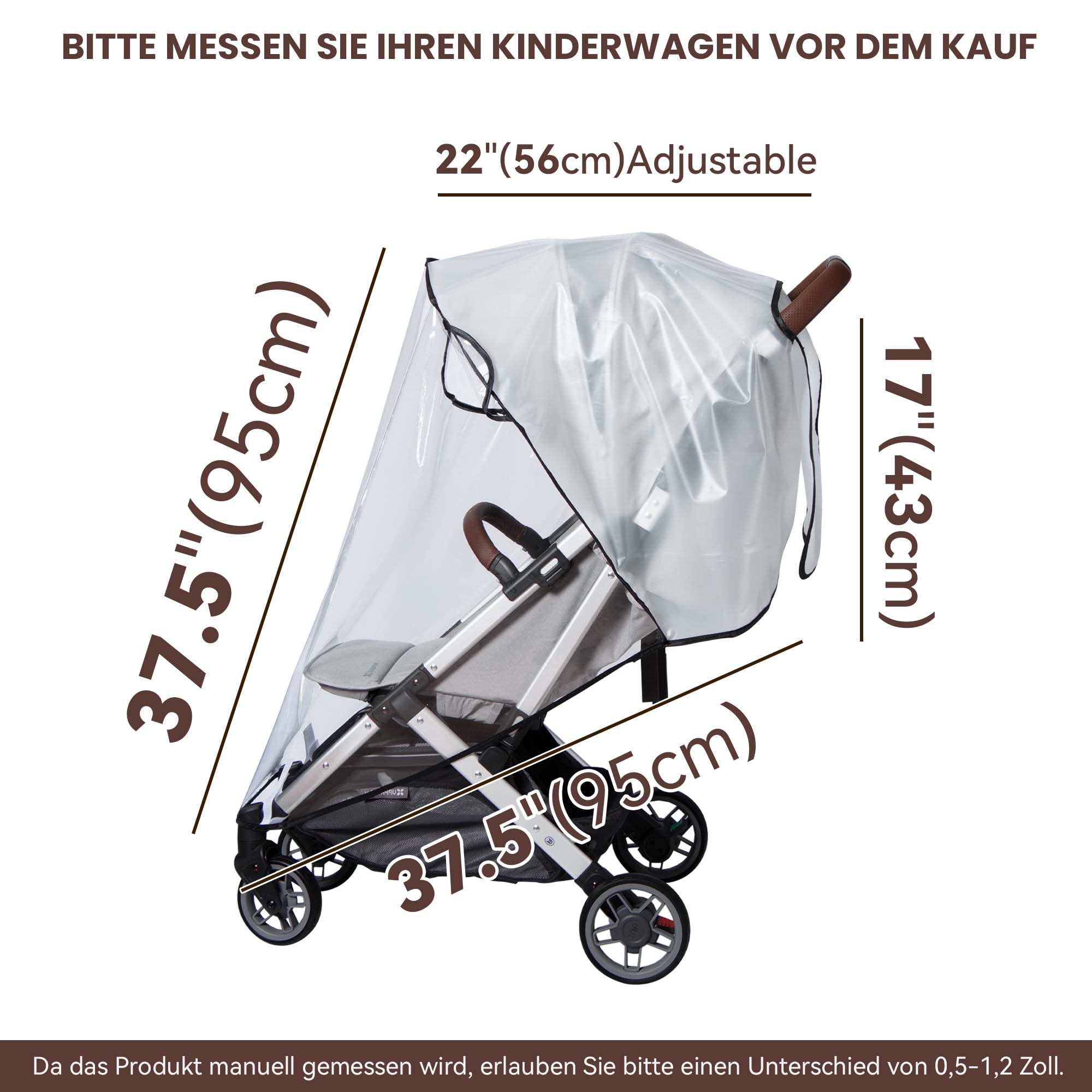 Bemece rain cover fits most strollers at 37.5 x 22 x 43 inches