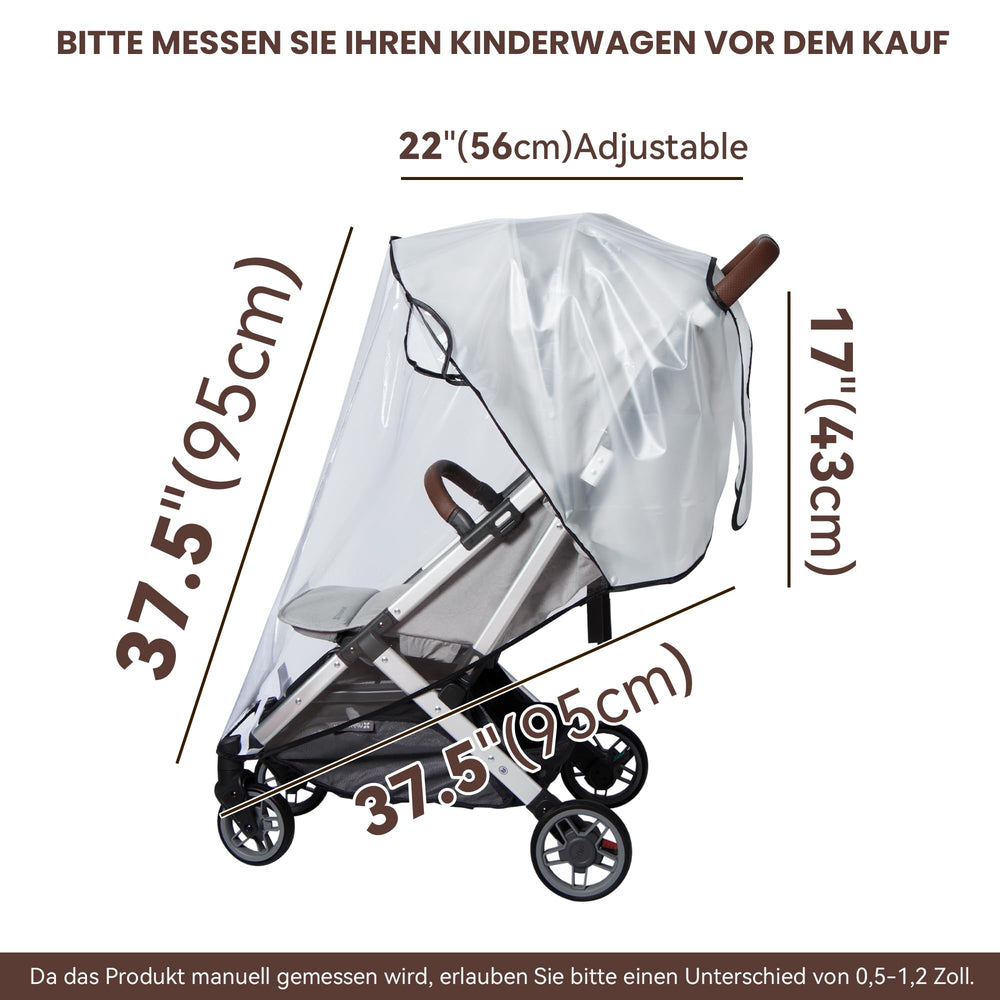 Bemece rain cover fits most strollers at 37.5 x 22 x 43 inches