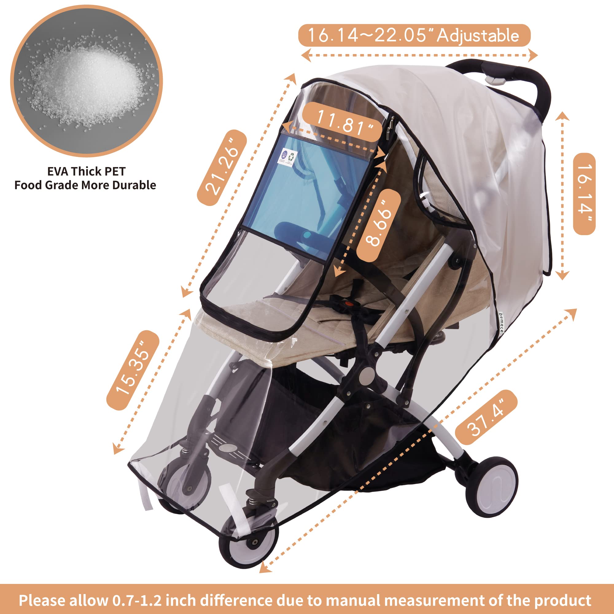 Bemece stroller rain cover on stroller shows windproof, secure fit.