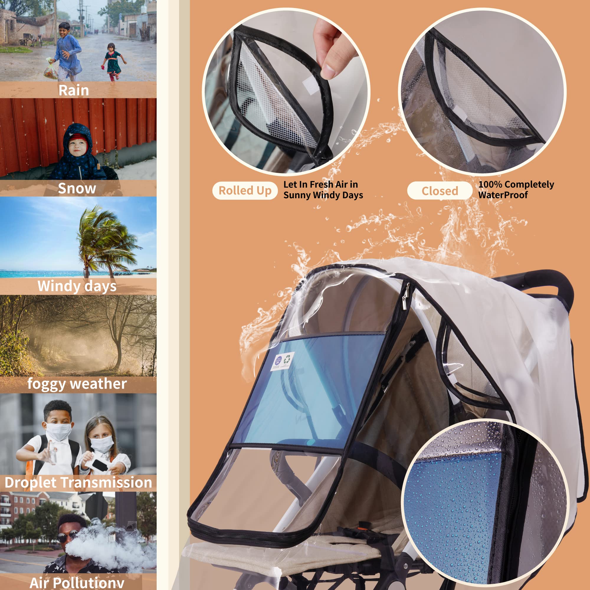 Bemece stroller rain cover provides seamless protection from rain and snow.