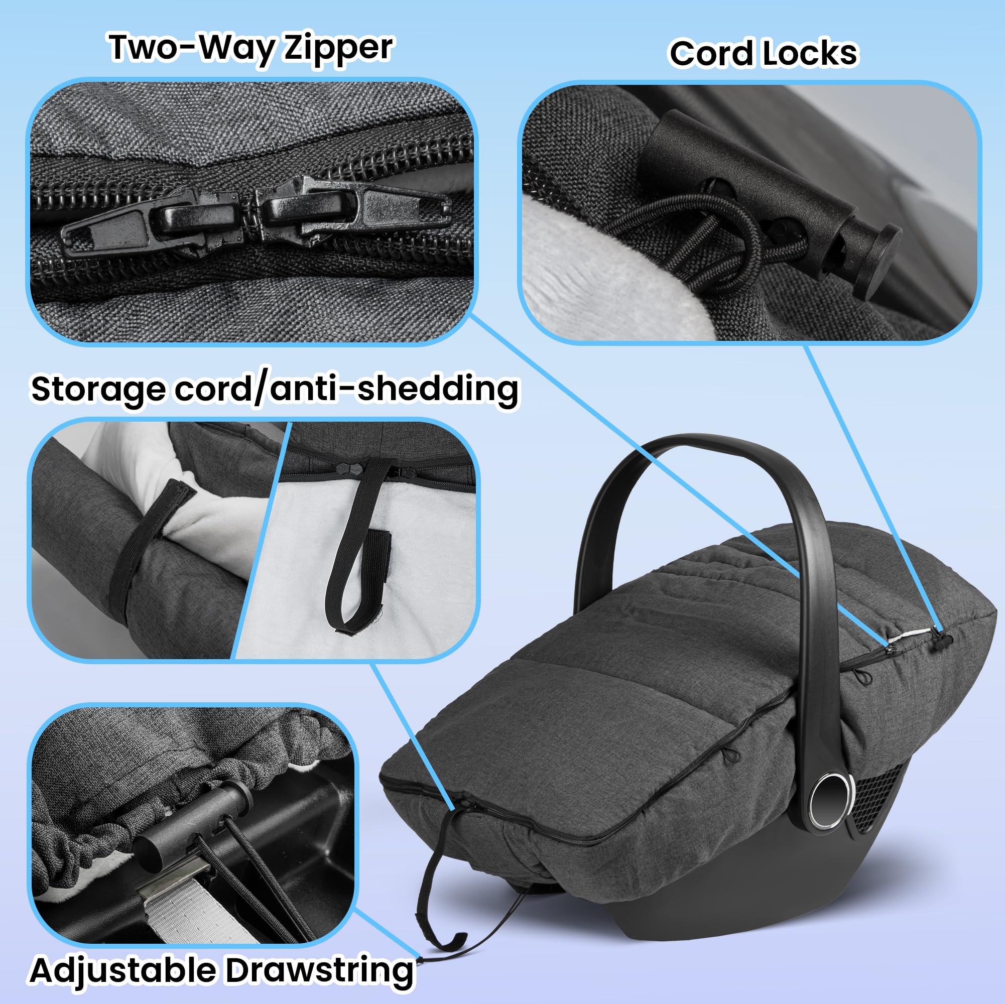 Bemece Winter Baby Car Seat Cover two way zippers provide easy access and ventilation