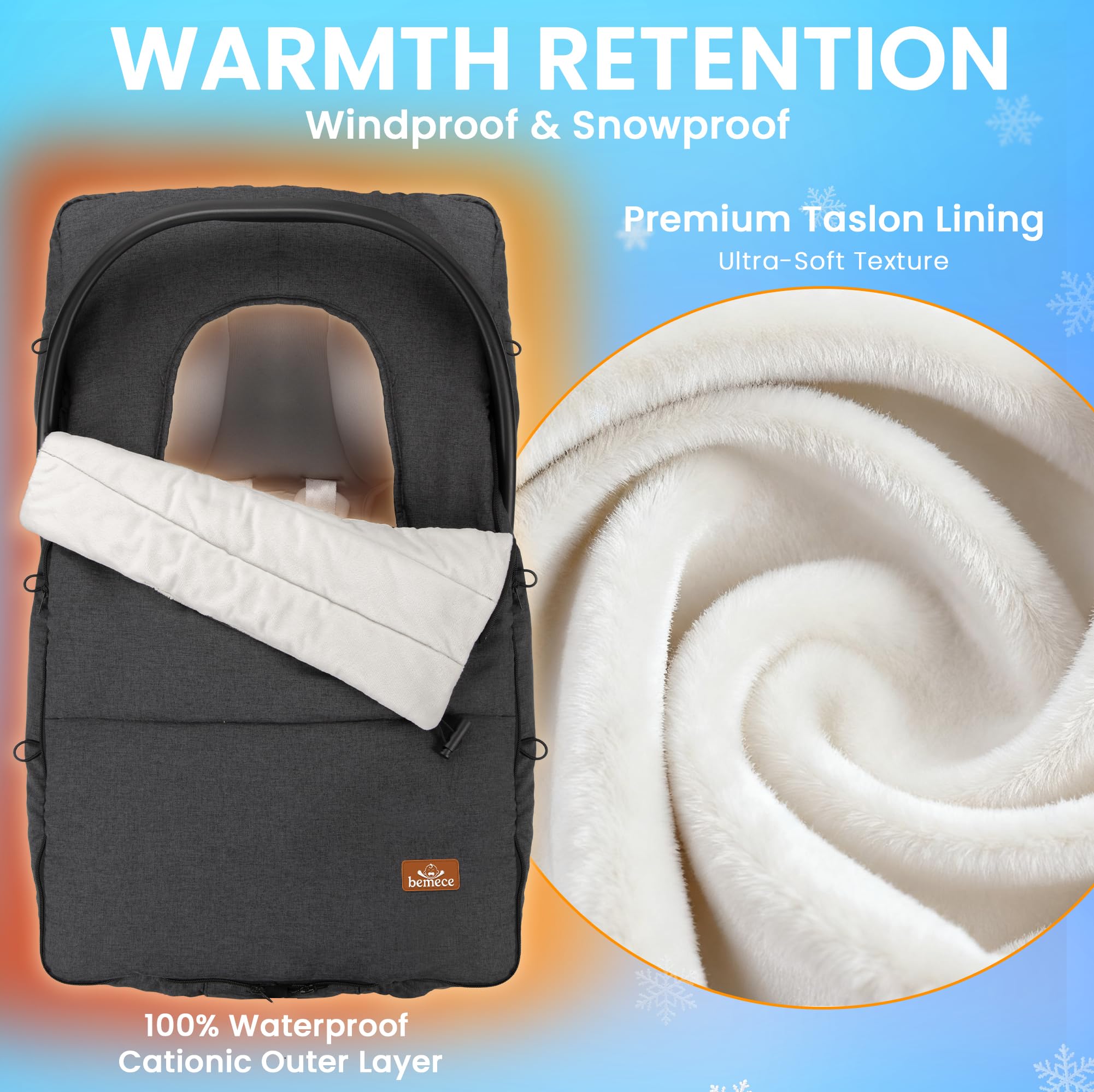 Bemece Winter Baby Car Seat Cover is waterproof to keep baby dry during wet routes
