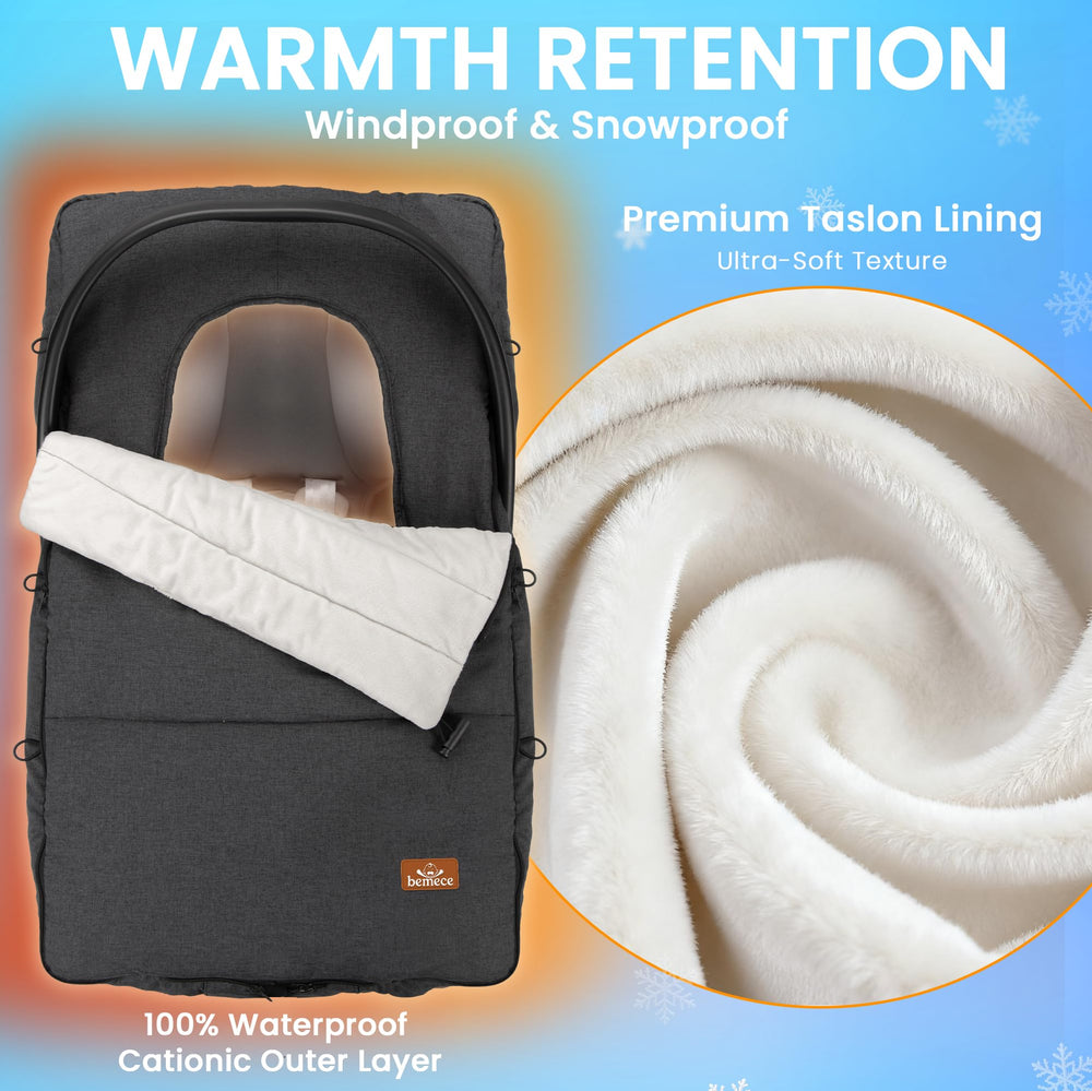 Bemece Winter Baby Car Seat Cover is waterproof to keep baby dry during wet routes